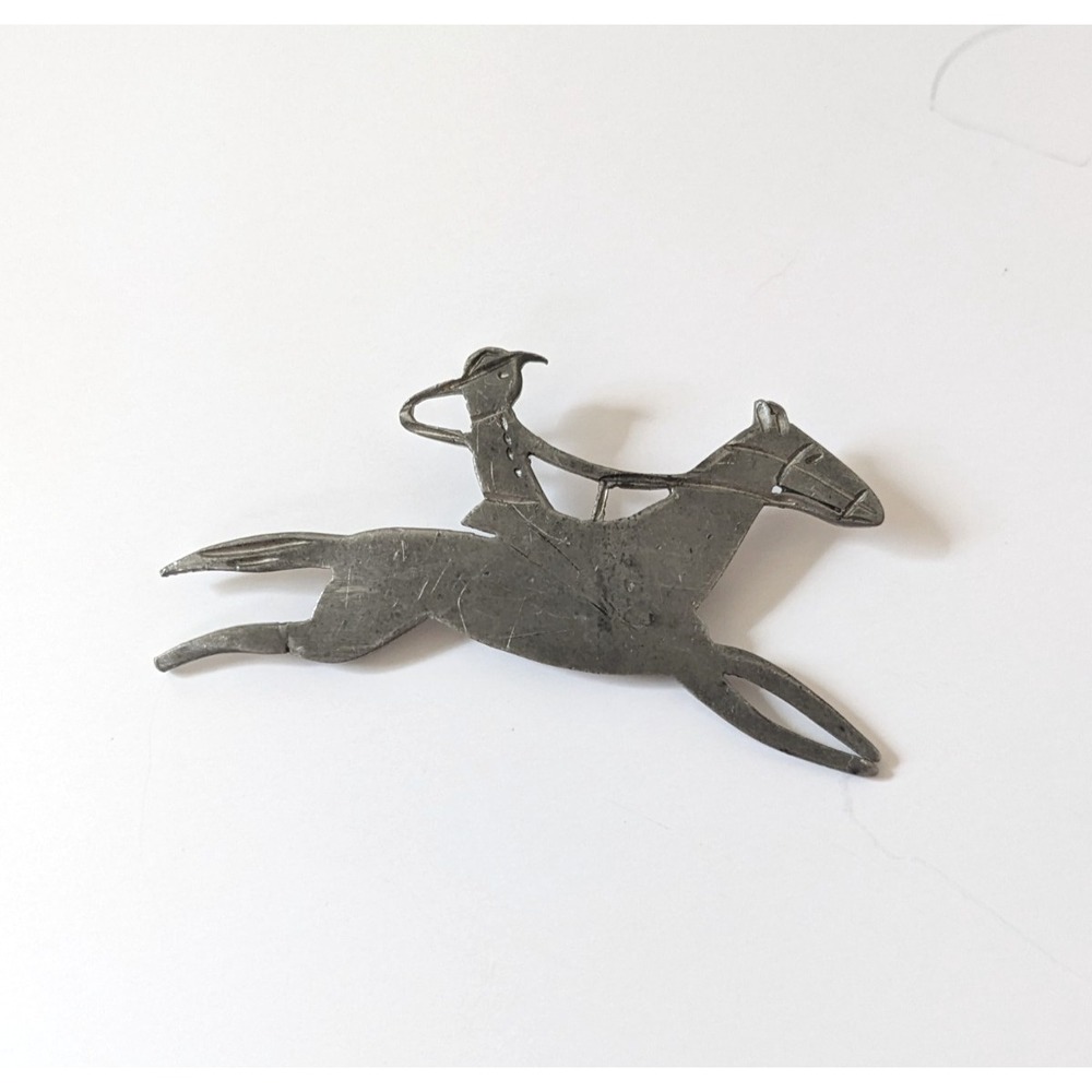 Vintage Mid-Century Horse Rider Stylized Brooch Silver Tone Modernist Equestrian